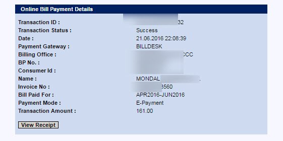 West Bengal Electricity Bill Payment receipt