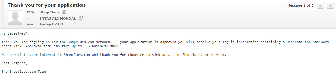 shopclues affiiate application reply