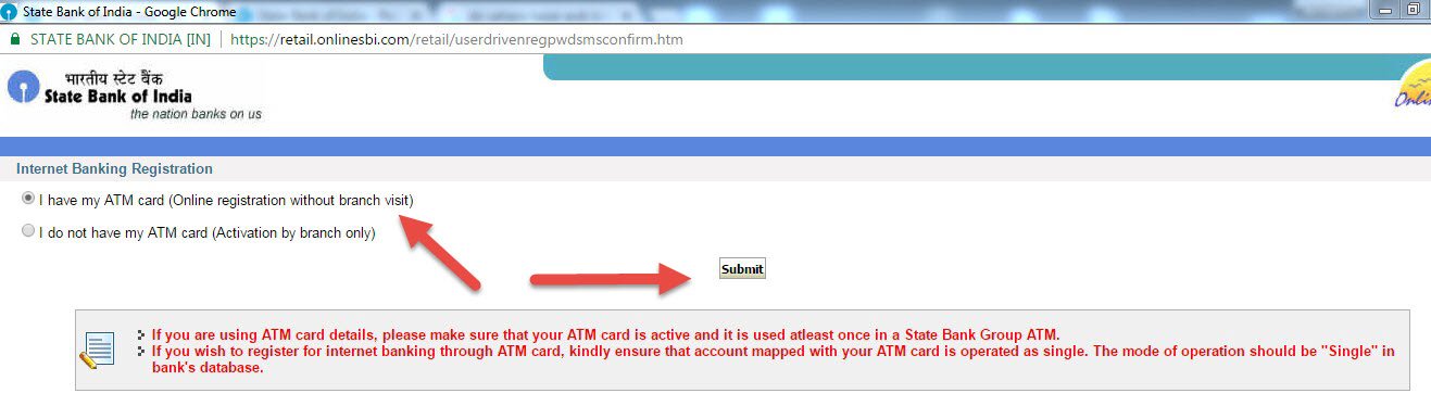 choose sbi atm debit card for internet banking